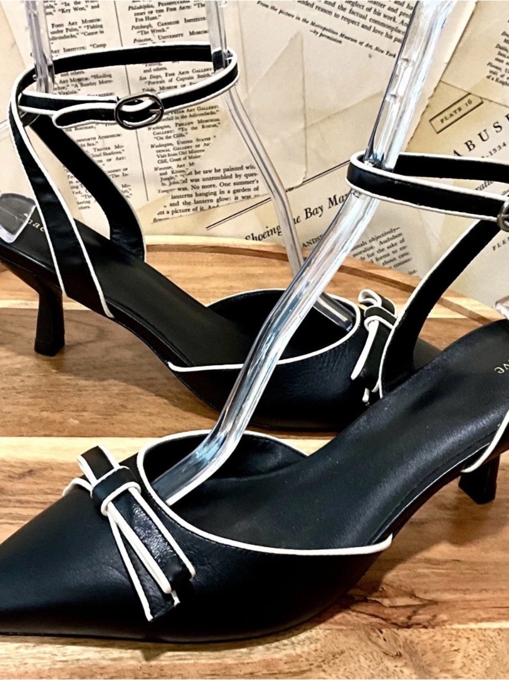 Anthropologie Maeve Pointed Toe Ankle Strap Bow Kitten Heels Black Ivory - Picture 5 of 8